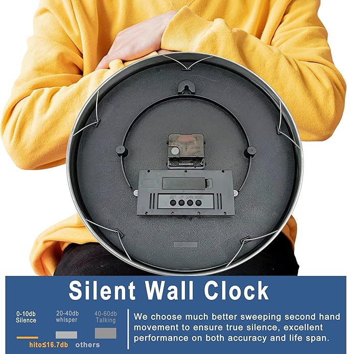 HITO 14 Inch Silent Wall Clock Battery Operated with Temperature and Date, Large Wall Clock for Living Room Decor, Office, Classroom, Bedroom