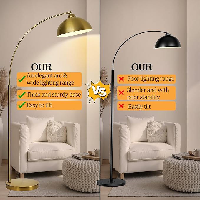 Arc Floor Lamp with Remote Control and Adjustable Light Bulb——Arched Tall Lamp for Living Room, Bedroom and Reading,Ideal Choice for Home Decor(Gold)