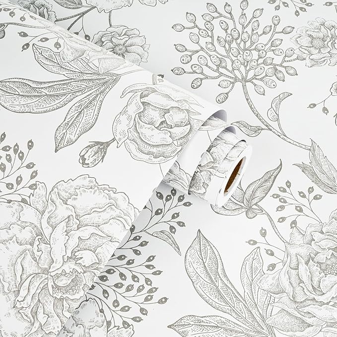 WESTICK Neutral Floral Peel and Stick Wallpaper Cream Vintage Floral Contact Paper Self Adhesive Retro Accent Wallpaper for Bedroom Walls Kitchen Backsplash Cabinets Cupboard Cream/Grey 17.5" x 100"