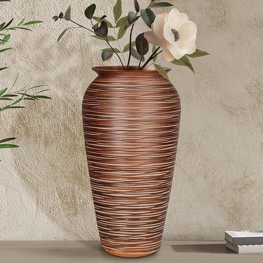 Ceramic Rustic Floor Vase,12" Large Farmhouse Flower Vases for Home Decor,Tall Boho Stain Resistant Decorative Vase for Living Room,Entryway,Office,Shelf,Centerpieces Decor (Goldenbrown)