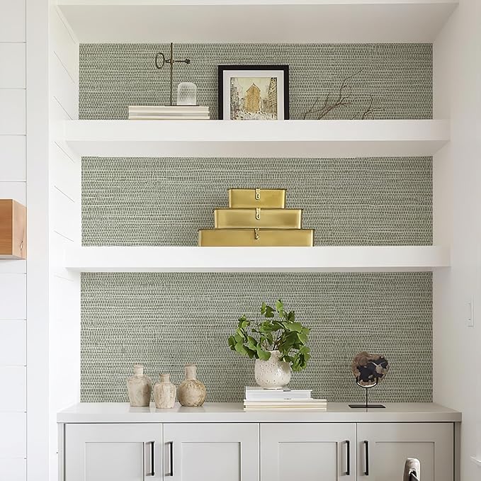 Simon&Siff Green Textured Grasscloth Peel and Stick Wallpaper 17.7"x197" Neutral Faux Grassweave Waterproof Self Adhesive Removable Wallpaper Mural for Home Decor Bedroom Kitchen Cabinet