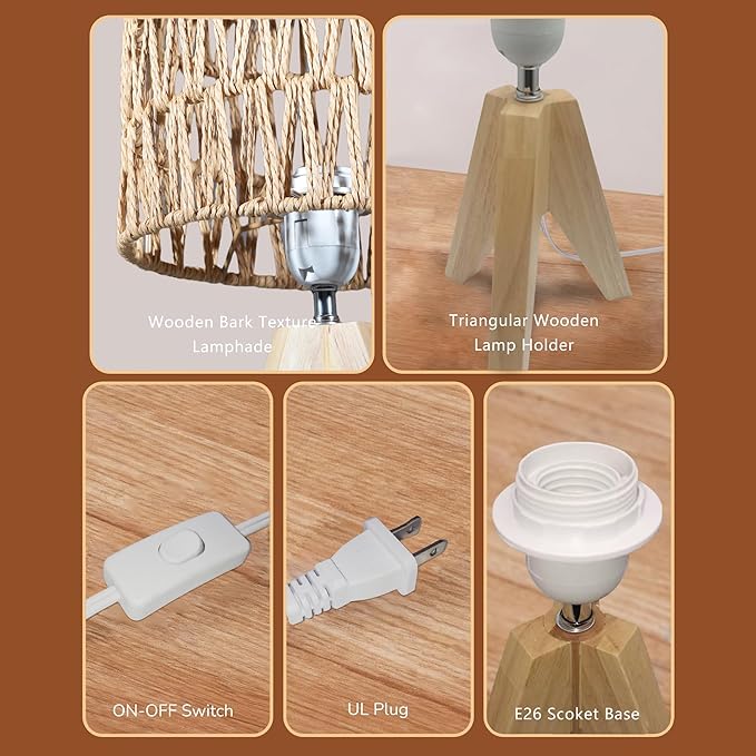 Tripod Table Lamp Light with Birch Color Wooden Base, Wooden Desk Lamp with Rattan Lampshade, 14.37 in Small Lamps, E26 Base Bedside Lamps for Night Stands, Home, Office, Living Room, Dorm(Triangle)