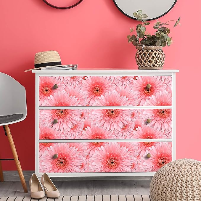 Livelynine 17.5x276" Pink Wallpaper Stick and Peel Boho Pink Flower Wall Paper for Girls Room Bathroom Accent Daisy Coquette Floral Wall Murals Removable Decorative Contact Paper for Furniture Desk