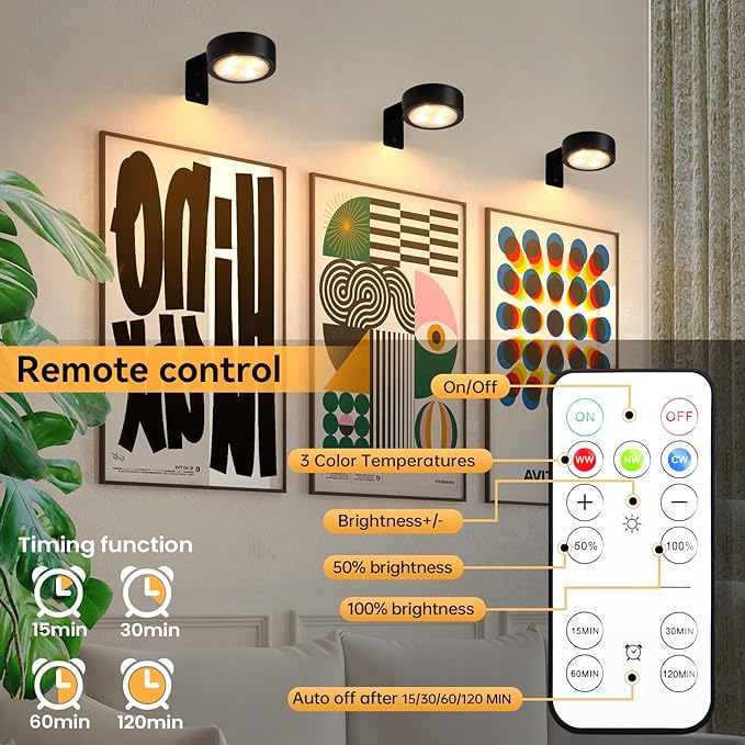 4-Pack Picture Light Battery Operated with Remote, Led Lights Dimmable and Timer Painting Light, Art Display Light for Picture Frame Artworking Portrait, Home Wall Decor Puck Lights, Black
