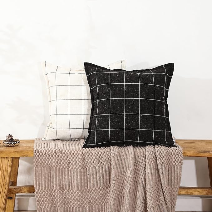 Plaid Pillow Black and White Plaid Boho Farmhouse Linen Throw Pillow Covers Set of 2, 16x16 Inches, Black