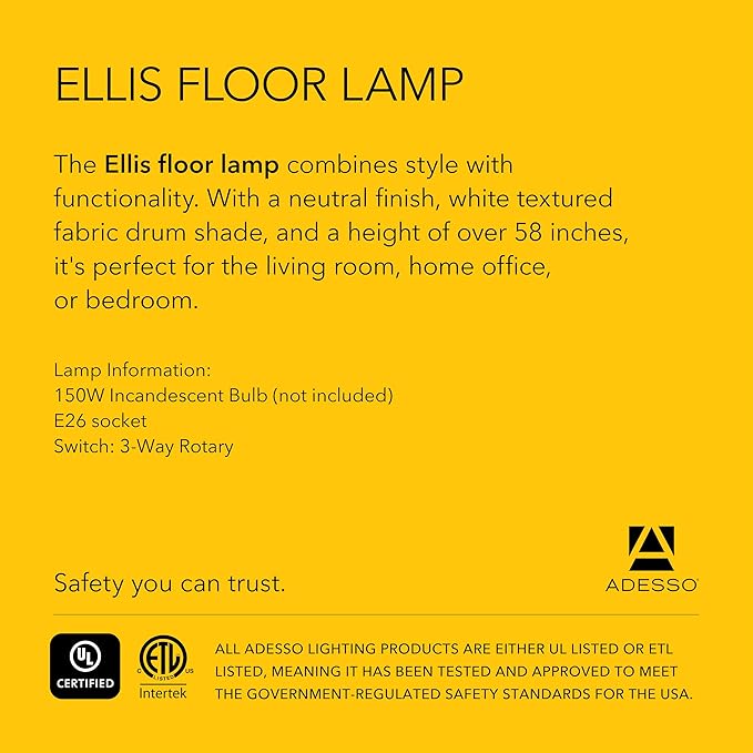 Adesso Floor Lamp with Natural Rubberwood Base and White Linen Lampshade – 3-Way Adjustable Brightness, Lamp for Bedroom, Living Room, and House Décor, 58.5” x 16”