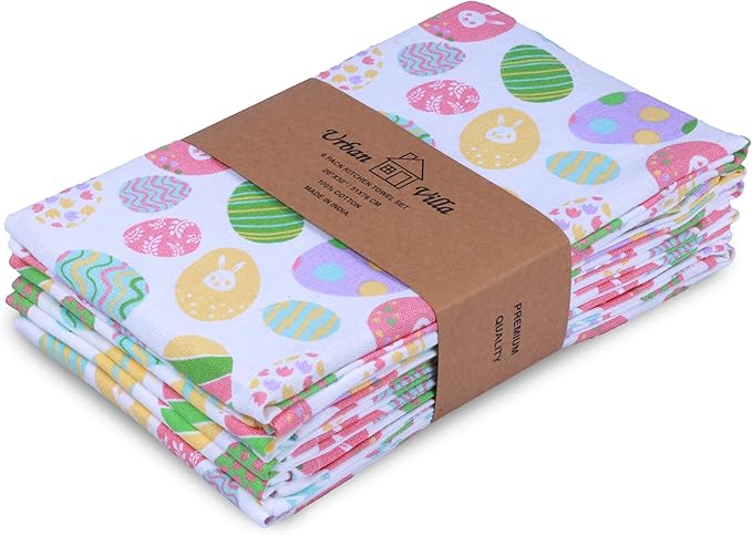 Urban Villa Kitchen Towels Set of 6 Dish Towels for Kitchen 100% Cotton Easter Print Kitchen Towels Mitered Corners Oversized 20X30 Inches Kitchen Towels Highly Absorbent Kitchen Hand Tea Towels