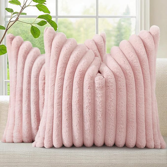 decorUhome Faux Fur Throw Pillow Covers 20x20 Set of 2, Decorative Soft Plush Striped Neutral Couch Euro Pillow Covers with Velvet Back for Sofa, Bed, Living Room Home Decor, Pink