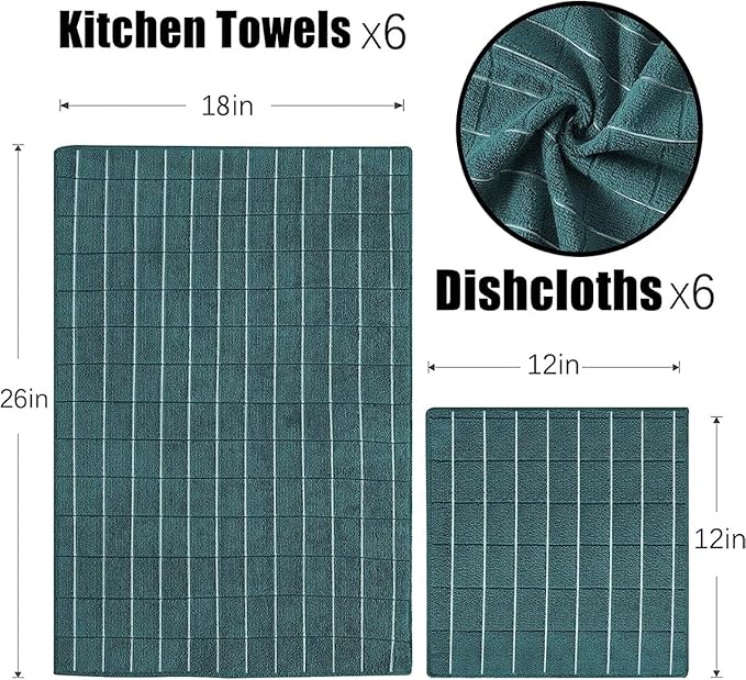 Microfiber Kitchen Towels and Dishcloths Set, 26 X 18 Inch and 12 X 12 Inch, Set of 12 Bulk Lint Free Dish Towels for Drying Dishes, Dark Green