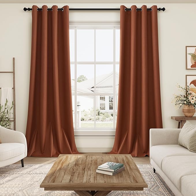 Grommet Terracotta Blackout Linen Curtains 84 inches Long for Bedroom Full Light Blocking Thermal Insulated Black Out Curtain Panels 84 Inch Length Energy Saving Room Darkening Curtain White Backing