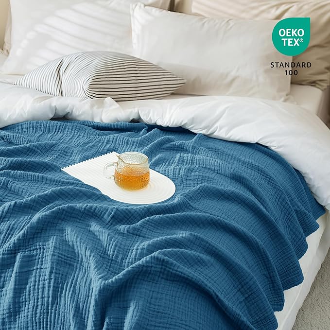 Carriediosa 100% Cotton Muslin Throw Blanket 70" X 80" Twin Size，4-Layers Summer Gauze Throws for Bed Couch，Soft Lightweight Breathable Linen Blankets Bedspread for Adults All Season，Dusty Blue
