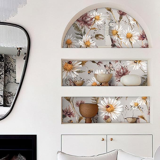 Livelynine 17.5x591" Peel and Stick Wallpaper Floral Purple Gray Daisy Vintage Butterfly Flower Wall Paper for Bathroom Waterproof Retro Wildflower Botanical Contact Paper for Cabinets Self Adhesive