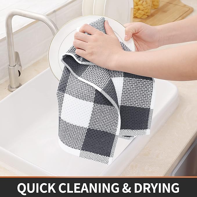 Homaxy 100% Cotton Waffle Weave Check Plaid Kitchen Towels, 13 x 28 Inches, Super Soft and Absorbent Dish Towels for Drying Dishes, 4-Pack, White & Dark Grey