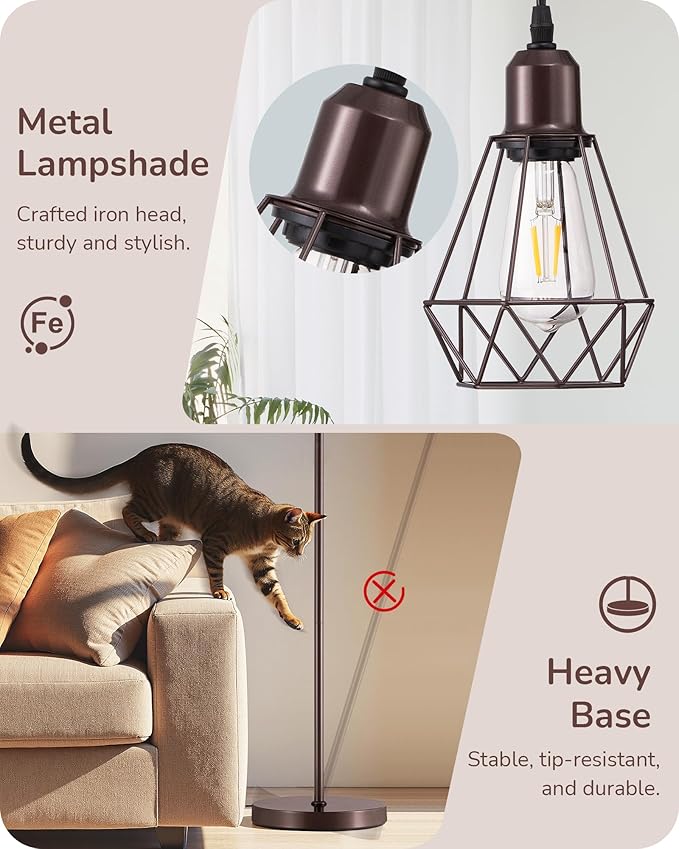 EDISHINE 70IN Industrial Floor Lamps for Living Room, Dimmable Farmhouse Corner Reading Lamp, Diamond-Shaped Lampshade, 3 LED Edison Bulbs Included, Rustic Tree Standing Lamp for Bedroom, Brown