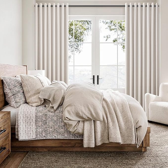 Nanspring Black Out Linen Curtains 102 Inch Long for Bedroom Grommet Neutral Beige Blackout Drapes for Bedroom Modern Farmhouse Thermal Insulated Blackout Curtain 102 Inch Length with White Backing