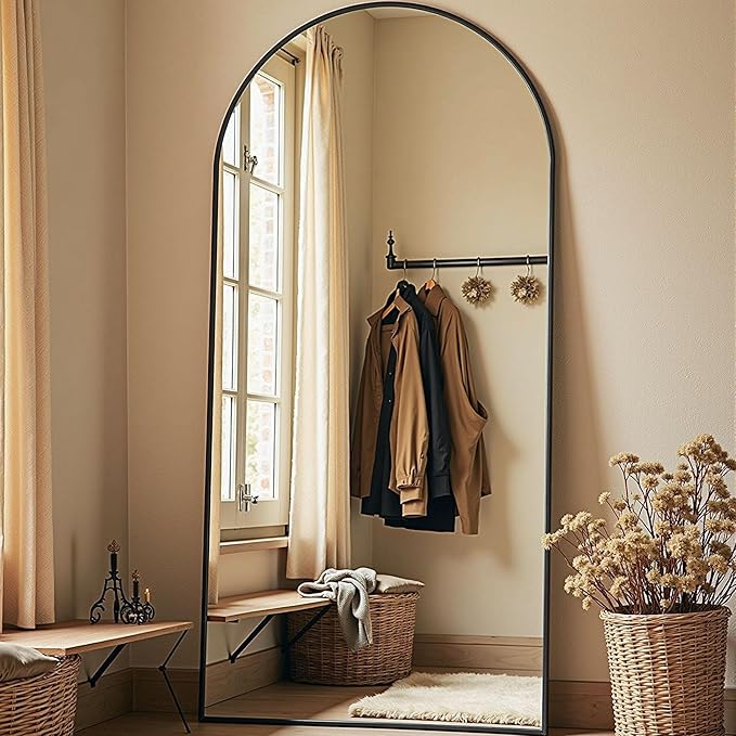 TinyTimes 78''x38'' Oversized Full Length Mirrors, Arched Floor Mirror with Stand, Full Body Large Standing Mirror/Leaning/Hanging Wall Mounted for Living Room, Bedroom, Black