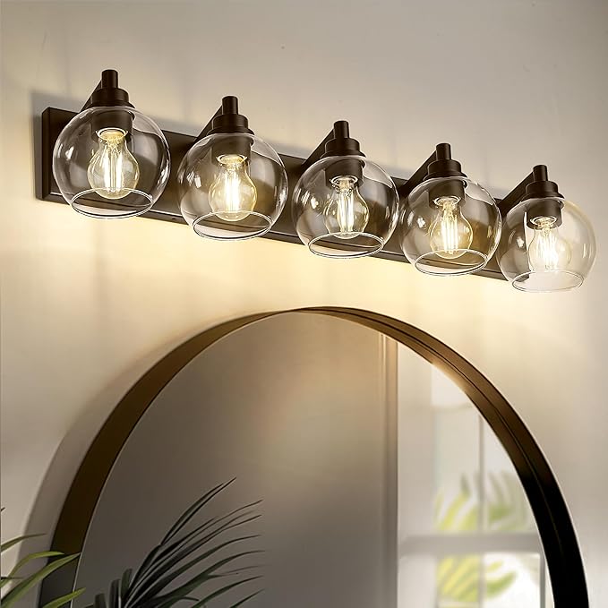 Bathroom Light Fixtures Over Mirror, 5-Light Oil Rubbed Bronze Bathroom Vanity Light with Globe Clear Glass Shade, 32 Inch Modern Sconces Wall Lighting, VL195-ORB-5