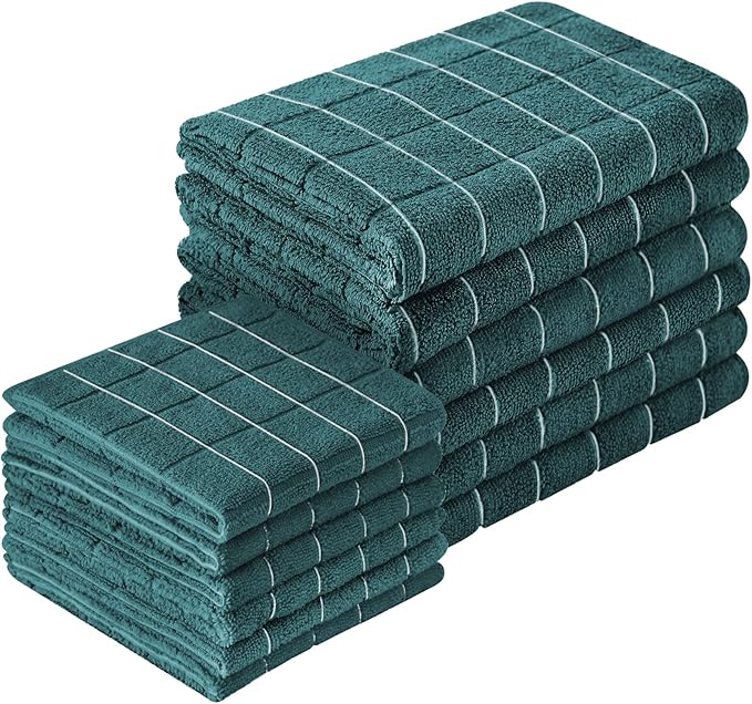 Microfiber Kitchen Towels and Dishcloths Set, 26 X 18 Inch and 12 X 12 Inch, Set of 12 Bulk Lint Free Dish Towels for Drying Dishes, Dark Green