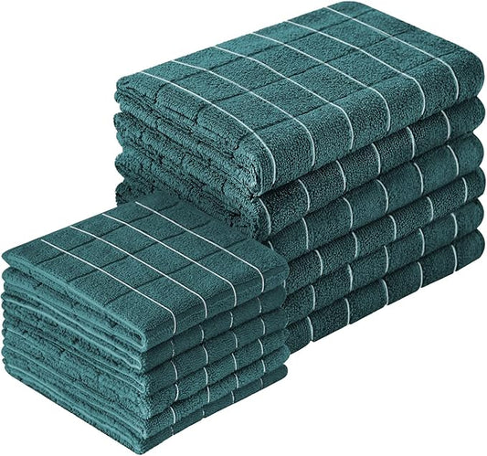 Microfiber Kitchen Towels and Dishcloths Set, 26 X 18 Inch and 12 X 12 Inch, Set of 12 Bulk Lint Free Dish Towels for Drying Dishes, Dark Green