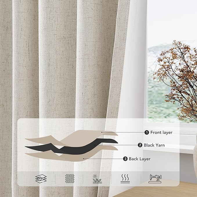 100% Blackout Linen Curtains for Bedroom Thermal Insulated Grommet Complete Blackout Drapes 63 Inch Length 2 Panels Set Heat and Full Light Blocking Living Room Darkening Curtains Greyish Beige