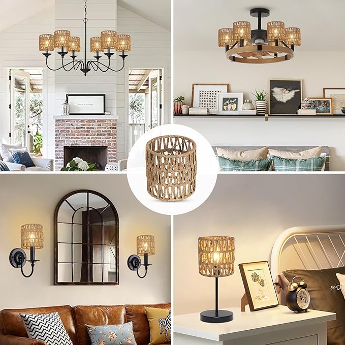 5.0 x 5.0in Chandelier Shades Set of 6, Small Rattan Lamp Shades Clip on Bulb, Boho Lamp Shades Replacement, Mini Cylinder Woven Lampshade, Clip on Lamp Shade for Floor Lamp Pendant Light Wall Sconces