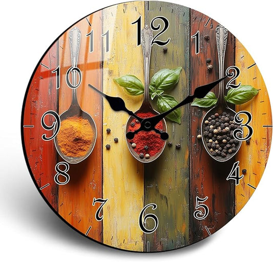 10 Inch Vintage Spice Wall Clock - Wooden Silent Wall Clocks, Small Decorative Wall-Clock Battery Operated, Non Ticking Analog Clock for Kitchen Bedroom Office Home Decor