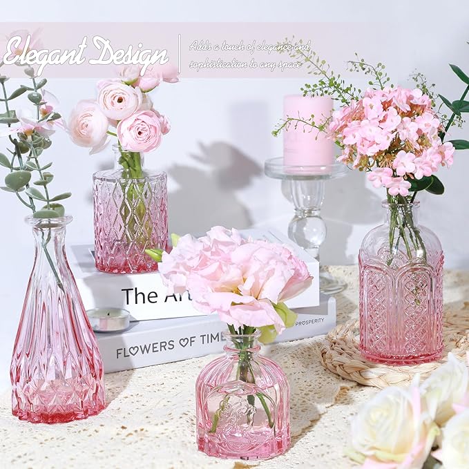Pink Glass Bud Vase Set of 24, Small Flower Vases for Centerpieces in Bulk, Mini Vintage Vase for Wedding Decor, and Home Table Décor