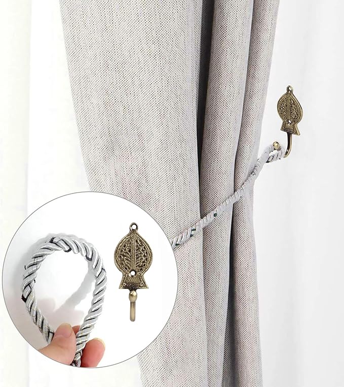 Multipurpose Hooks, Used to Hang Clothes, Bags, Coats, Curtain Hold Backs, Keys, Colour - Antique Gold, Material - Brass, Retro Design, Screws and Wallplugs Included, Pack of 4 Pieces