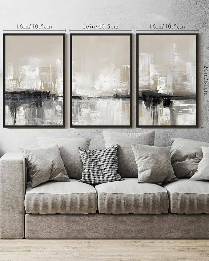 KUVIOKE Abstract Gray Framed Wall Art Neutral Brown Artwork Painting Morden Minimalist Wall Decor Rustic Home Decor 16x24in (Black Framed)