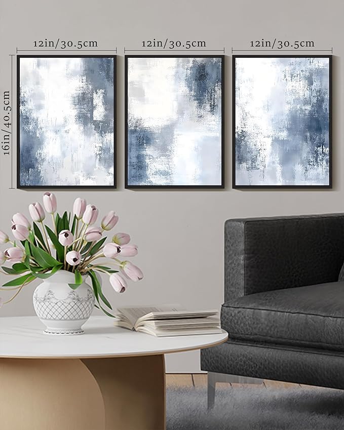 KUVIOKE Navy Blue and Gray Abstract Framed Canvas Wall Art Brush Strokes Block Shape Pastel Wall Decor Modern Minimalist Art Painting Home Decor 12x16in (Black Framed)