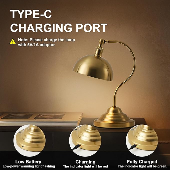 Cordless LED Table Lamp Set of Two, Swing Arm Desk Lamp, Rechargeable, Dimmable/3 Color/Memory Function, Modern Rechargeable Table Light for Living Room,Bedroom,Bedside, Brass