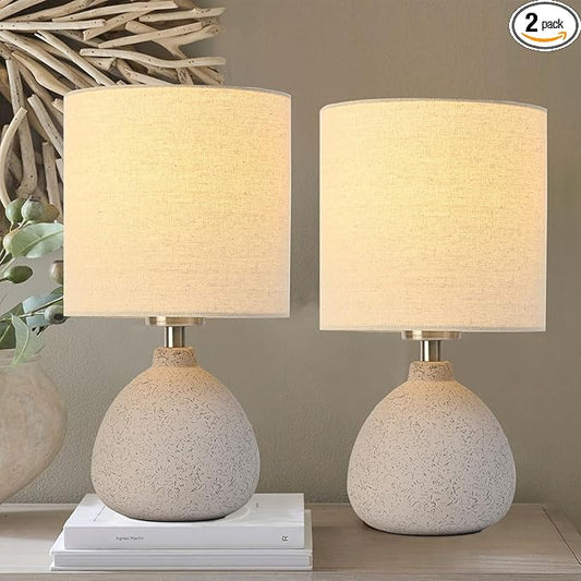Earth Brown Rustic Ceramic Table Lamp Set of 2, Small Table Lamp Farmhouse Rustic Lamp Set Bedside Table Lamps for Bedroom Nightstand Side Table Lamps for Living Room, 13.7IN