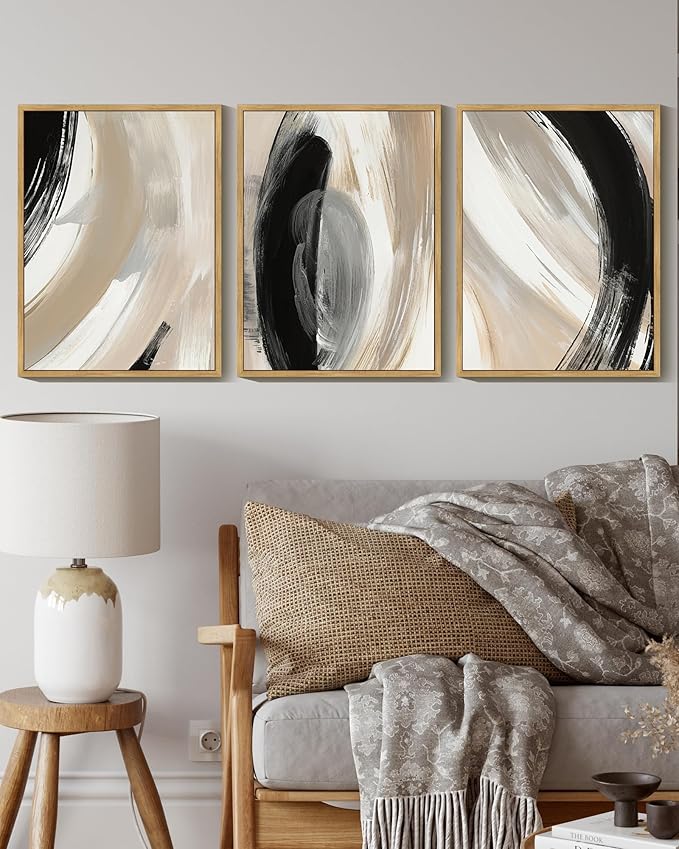 KUVIOKE Modern Abstract Framed Wall Art Black Neutral Minimalist Ink and Wash Graffiti Pastel Wall Decor for Bedroom Living Room 11x14in (Natural Framed)