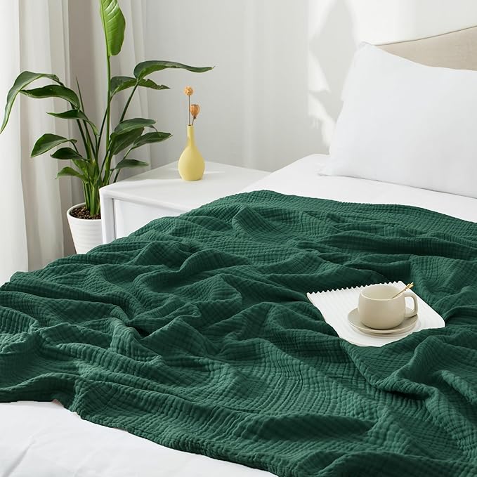 Carriediosa 100% Cotton Muslin Throw Blanket 70" X 80" Twin Size，4-Layers Summer Gauze Throws for Bed Couch，Soft Lightweight Breathable Linen Blankets Bedspread for Adults All Season，Dark Green