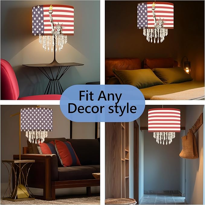 Star Vision Patriotic Fabric Lampshade with Beaded Droplets, American Flag & Statue of Liberty Design Light Shade for Pendant, Table, Wall & Floor Lamps, 4th of July Decor, Vintage Americana Lighting