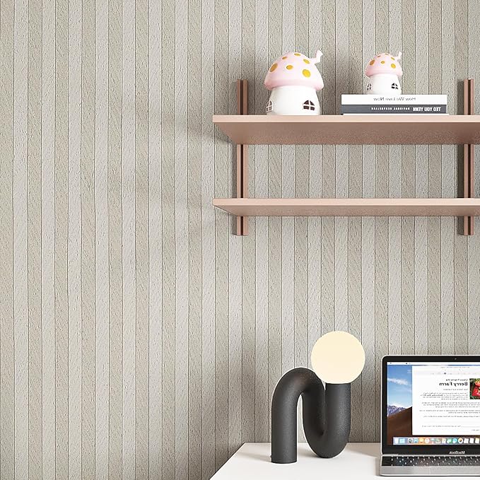 Livelynine 15.8x197 Tan Beige White Striped Wallpaper Peel and Stick Neutral Stripe Wall Paper Roll Stripes Accent Wall Panels Wood Contact Paper Waterproof Wood Panel Wallpaper for Bathroom Bedroom