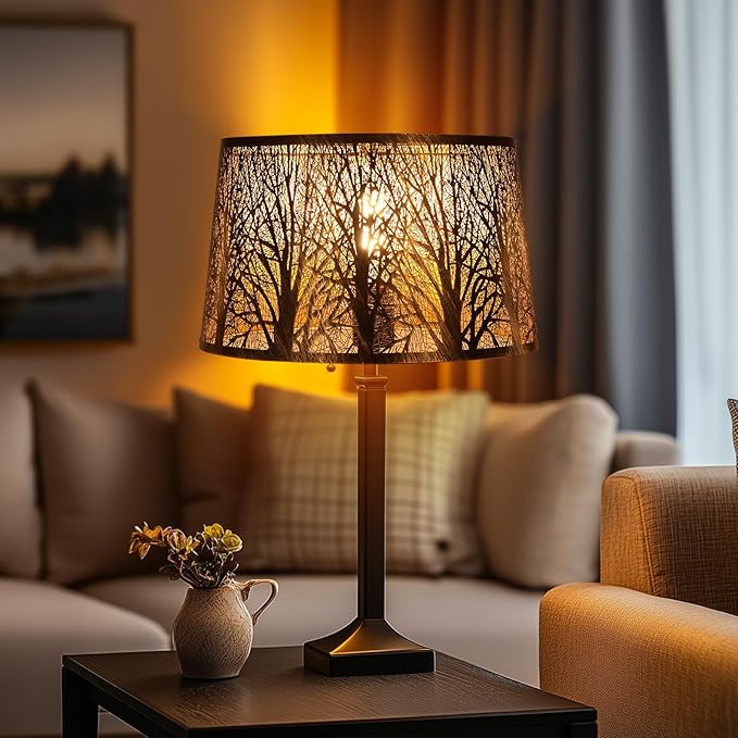 Metal Lamp Shade, Large Lampshade for Table Floor Lamps, (12×8)'' Top×(14×10.5)'' Bottom×8.5" Height Oval Shade, Etched Forest Gothic Style Replacement Lamp Shade(Spider), Bronze Gold