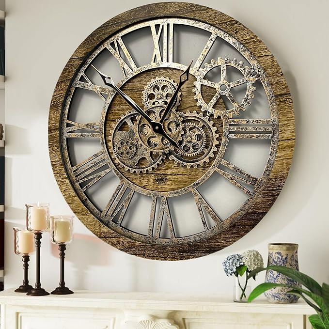 ImprovingLife The Gears Clock The Original Real Moving Gear Wall Clock Vintage Industrial Oversized Rustic Farmhouse (24 inch (60cm),Gold Antique)