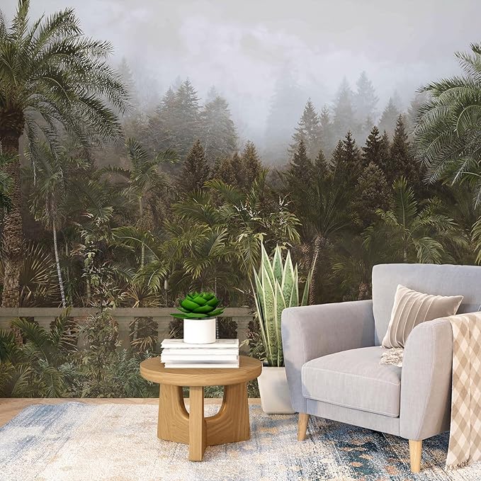 Zeeko Foggy Forest Woodland Wallpaper Mural Peel and Stick 148" W x 98" H Tropical Green Nature Landscapes Wall Murals for Bedroom Living Room