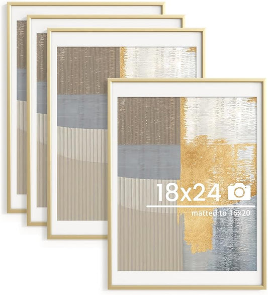 18x24 inch Metal Poster Frame - 18 x 24 Thin Aluminum Picture Frames Matted for 16x20 Photos, Artworks, Prints, Puzzle - High Definition Plexiglass - Vertical and Horizontal Display - Wall Hook Hanging Hardware Included - Gold, 4 Pack