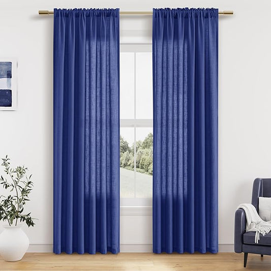 Guken Classic Blue Linen Curtains 84 Inches Long 2 Panel Set Rod Pocket Semi Sheer Dining Room Cozy Bedroom Decor Cotton Look Country Rustic Farmhouse Boho Curtains 52x84