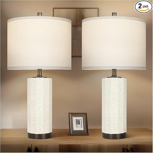 Scenekoy 23” Table Lamp Set of 2 for Bedroom Living Room, Rotary Switch Ceramic Bedside Lamp with White Linen Shade, Dimmable Nightstand Lamps for Room Office Hotel Dorm (Bulb Included)