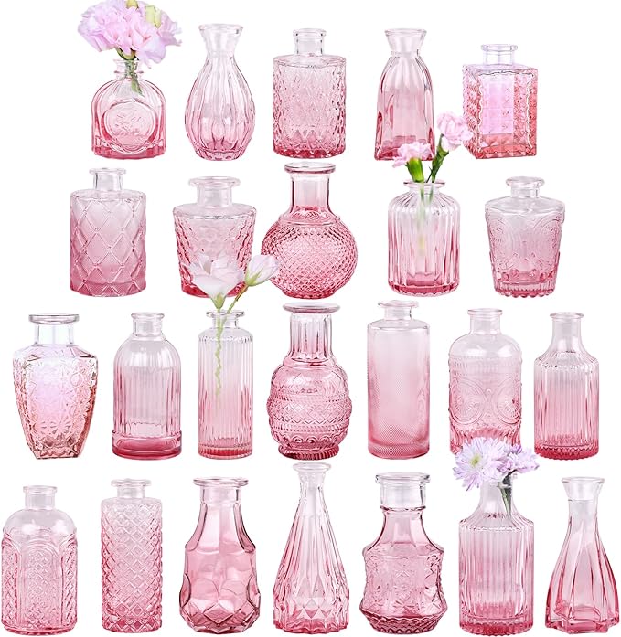 Pink Glass Bud Vase Set of 24, Small Flower Vases for Centerpieces in Bulk, Mini Vintage Vase for Wedding Decor, and Home Table Décor