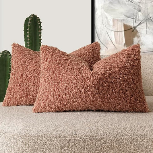 Foindtower Set of 2 Curly Teddy Wool Pillow Covers Decorative Boucle Textured Lumbar Throw Pillow Faux Fur Sherpa Pillowcases Sheepskin Fuzzy Cushion Case for Sofa Bedroom Car 12"x20" Dusty Pink