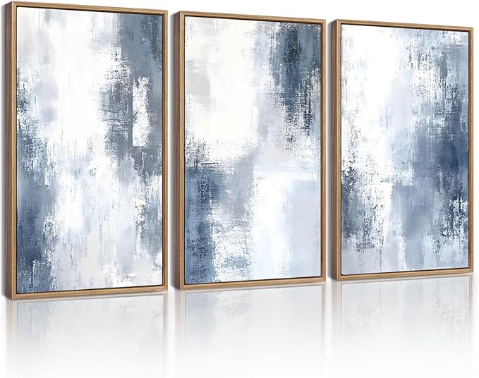 KUVIOKE Navy Blue and Gray Abstract Framed Canvas Wall Art Brush Strokes Block Shape Pastel Wall Decor Modern Minimalist Art Painting Home Decor 11x14in (Natural Framed)