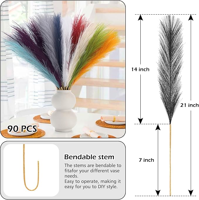 90 Pcs Pampas Grass Rainbow Decor 21.7" Fluffy Faux Short Multicolor Pampas Grass Artificial Small Pompas Grass Flower Vase Filler for Home Wedding Decoration