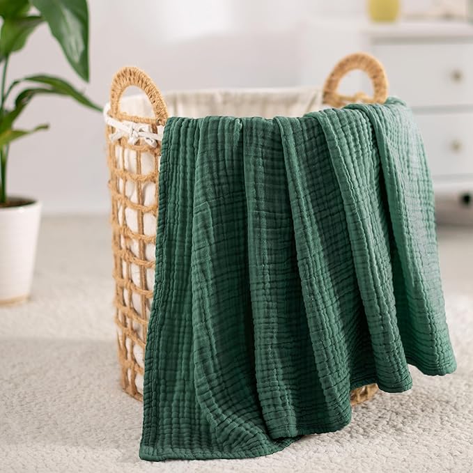 Carriediosa 100% Cotton Muslin Throw Blanket 66" X 90" Twin XL Size，4-Layers Summer Gauze Throws for Bed Couch，Soft Lightweight Breathable Linen Blankets Bedspread for Adults All Season，Dark Green