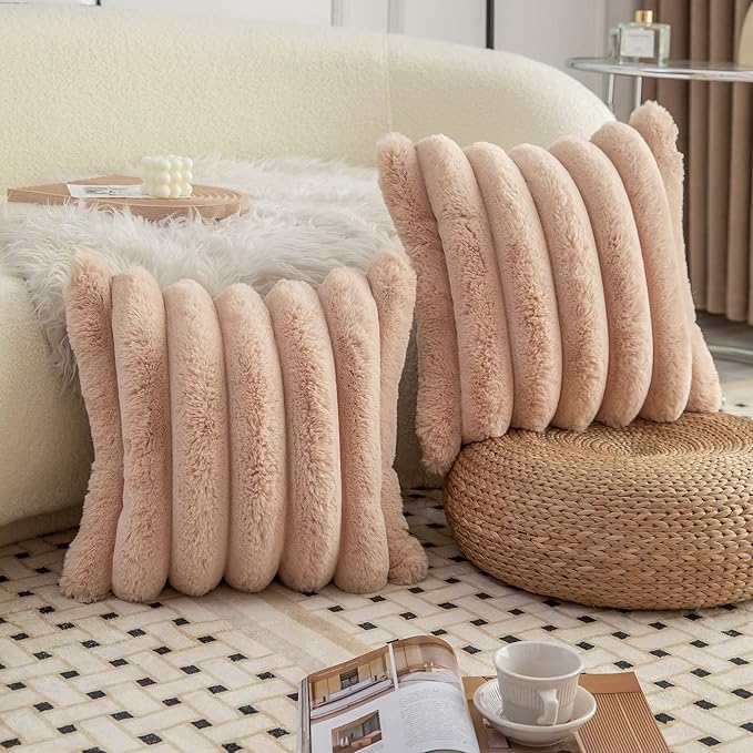 Neelvin Camel Faux Fur Cozy Soft Striped Decorative Throw Pillow Covers 18x18 inch Set of 2,Velvet Pillowcase Cushion Case for Sofa Couch