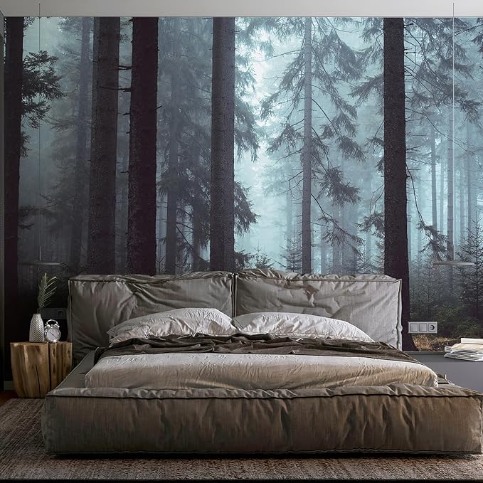 Zeeko Forest Wall Mural Woodland Wallpaper Mural 148" Wx 98" H Foggy Large Peel and Stick Mural Paint Canvas Removable Art Murals for TV Background Bedroom Office, Dark Blue