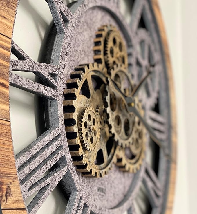 ImprovingLife The Gears Clock The Original Real Moving Gear Wall Clock Vintage Industrial Oversized Rustic Farmhouse (24 inch (60cm),Wood&Stone)